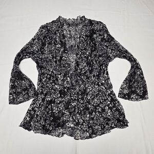 Floral Black and White Women's Top Tie Front Stretchy